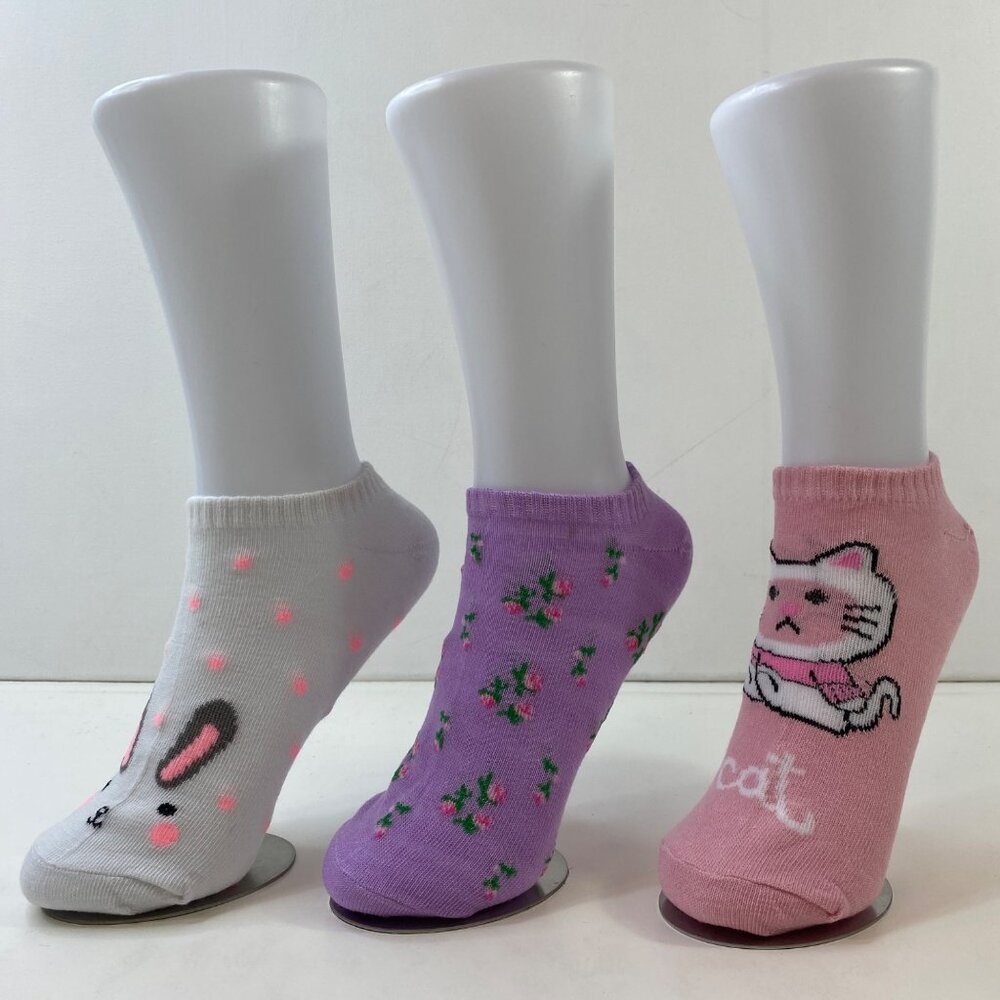 Womens Ankle Socks Set 3 Floral Pattern Bunny Rabbit Cat Print Gray Pink Purple